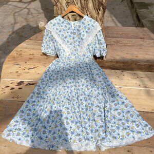 Blue Daisy Floral Dress Cottagecore Lace Collar